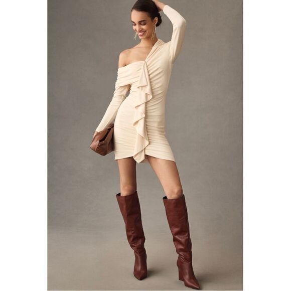 NEW Anthropologie MISHA Long-Sleeve Ruffle-Front Luxury Slim Mini Dress X-Large
